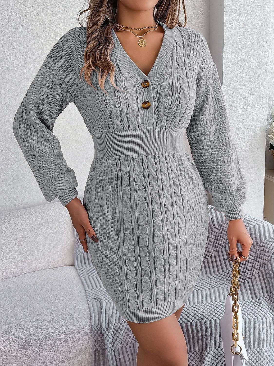 Buttoned Cable-Knit V-Neck Sweater Dress - ClubOn