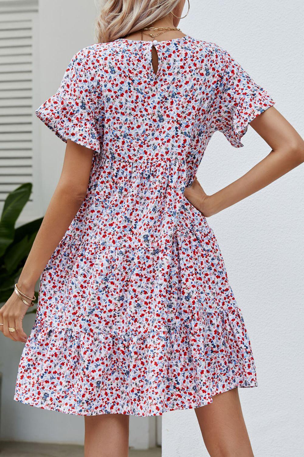 Ditsy Floral Flounce Sleeve Tiered Dress - ClubOn