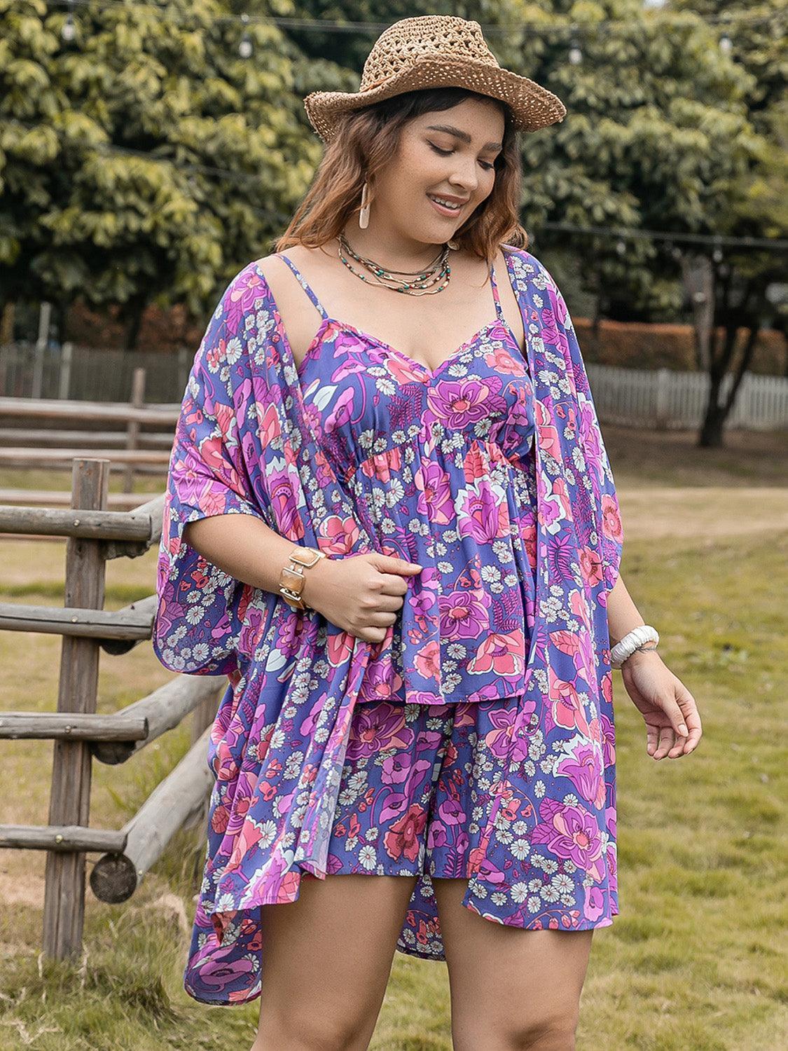 Plus Size Printed Cami, Open Front Cover Up and Shorts Set - ClubOn