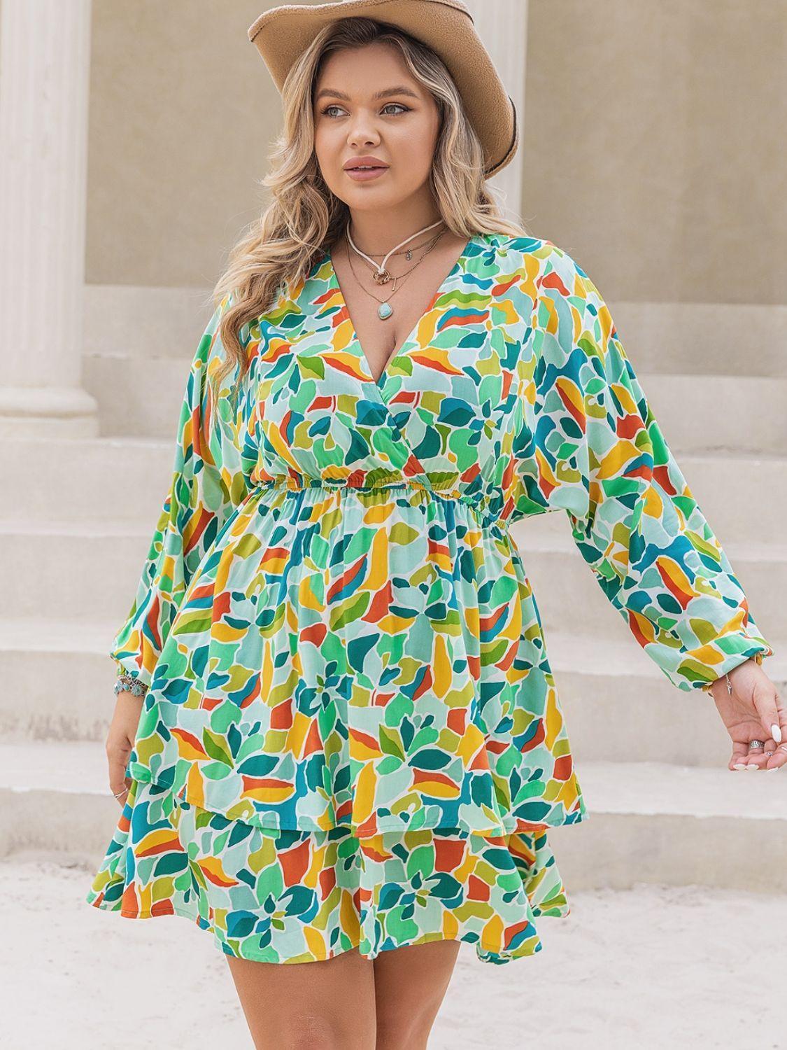 Plus Size Printed Surplice Long Sleeve Mini Dress - ClubOn