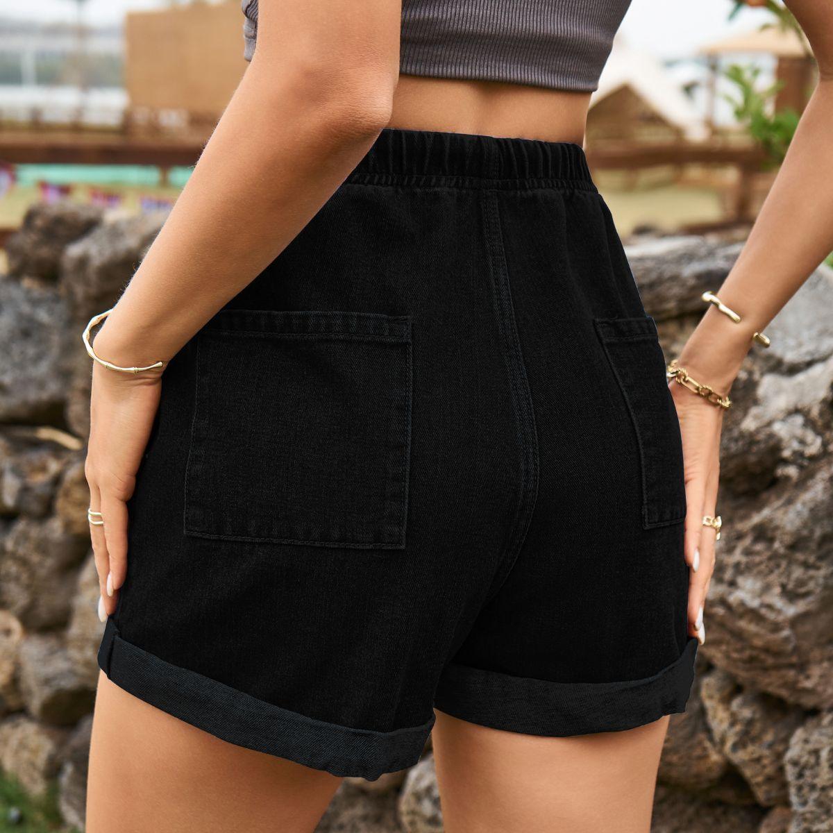 Drawstring High Waist Denim Shorts with Pockets - ClubOn