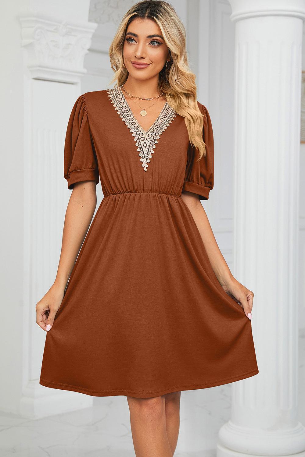 V-Neck Puff Sleeve Dress - ClubOn