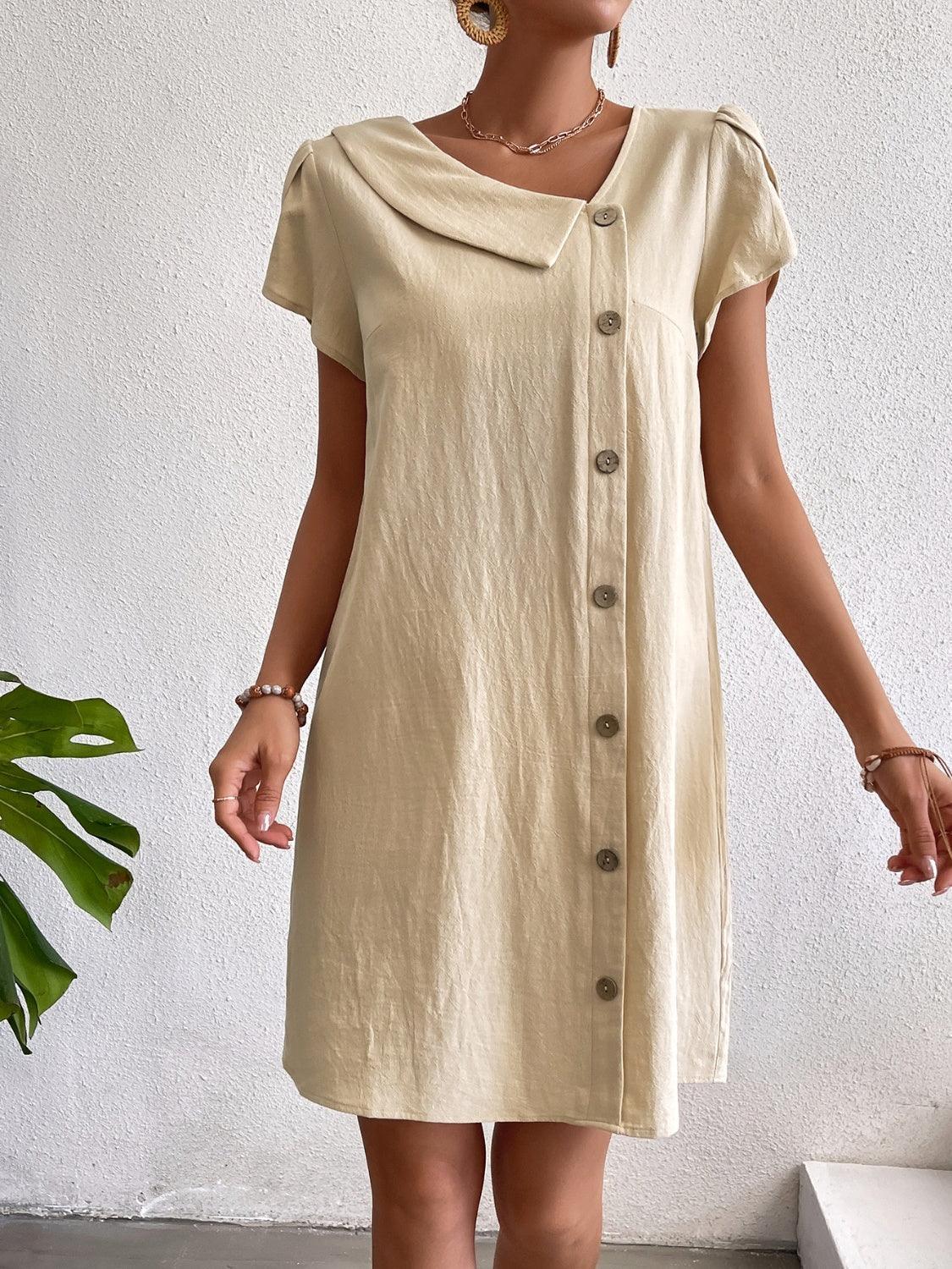 Decorative Button Asymmetrical Neck Short Sleeve Dress - ClubOn