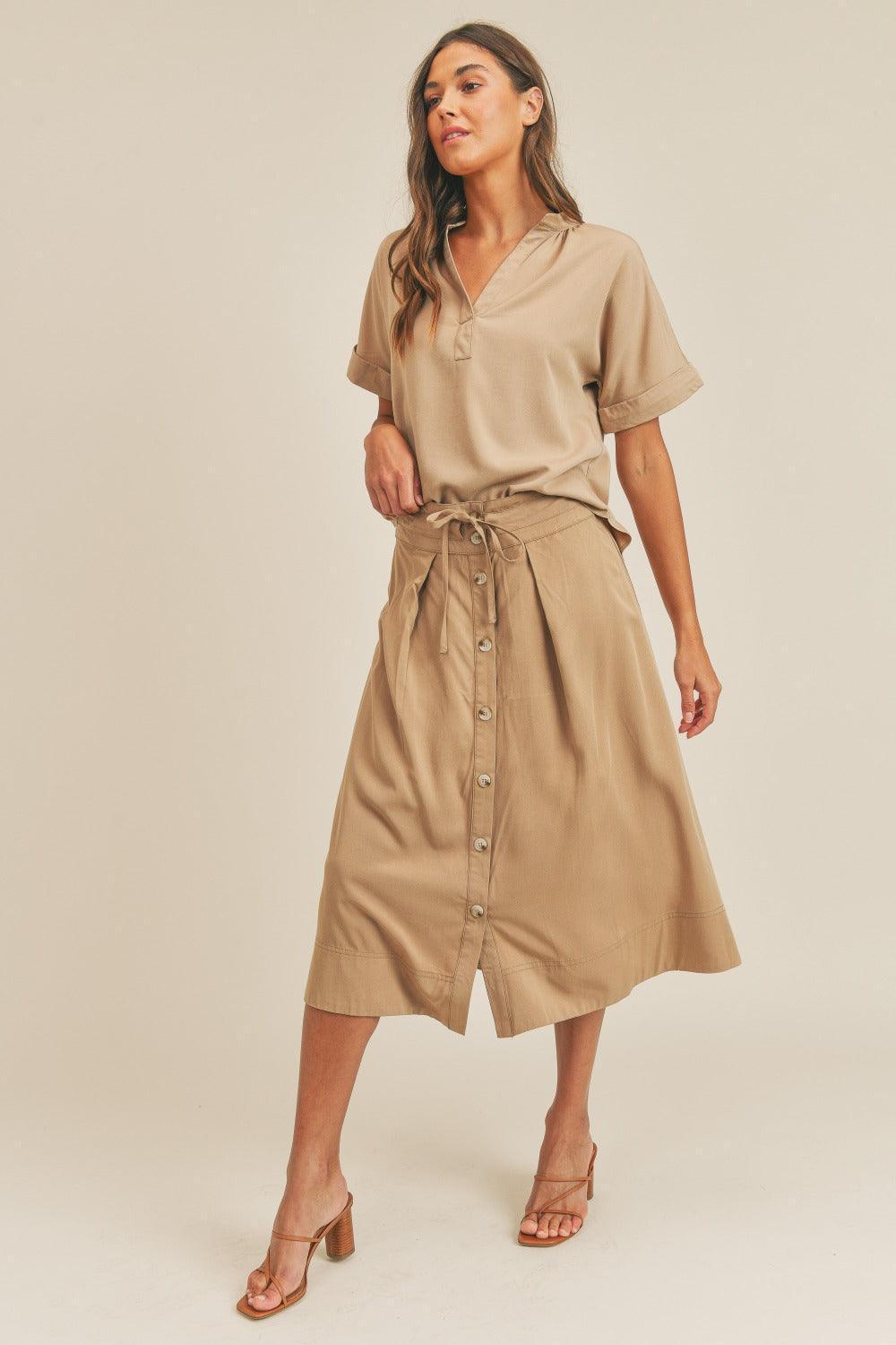 MABLE Short Sleeve Top & Button Down Midi Skirt Set - ClubOn