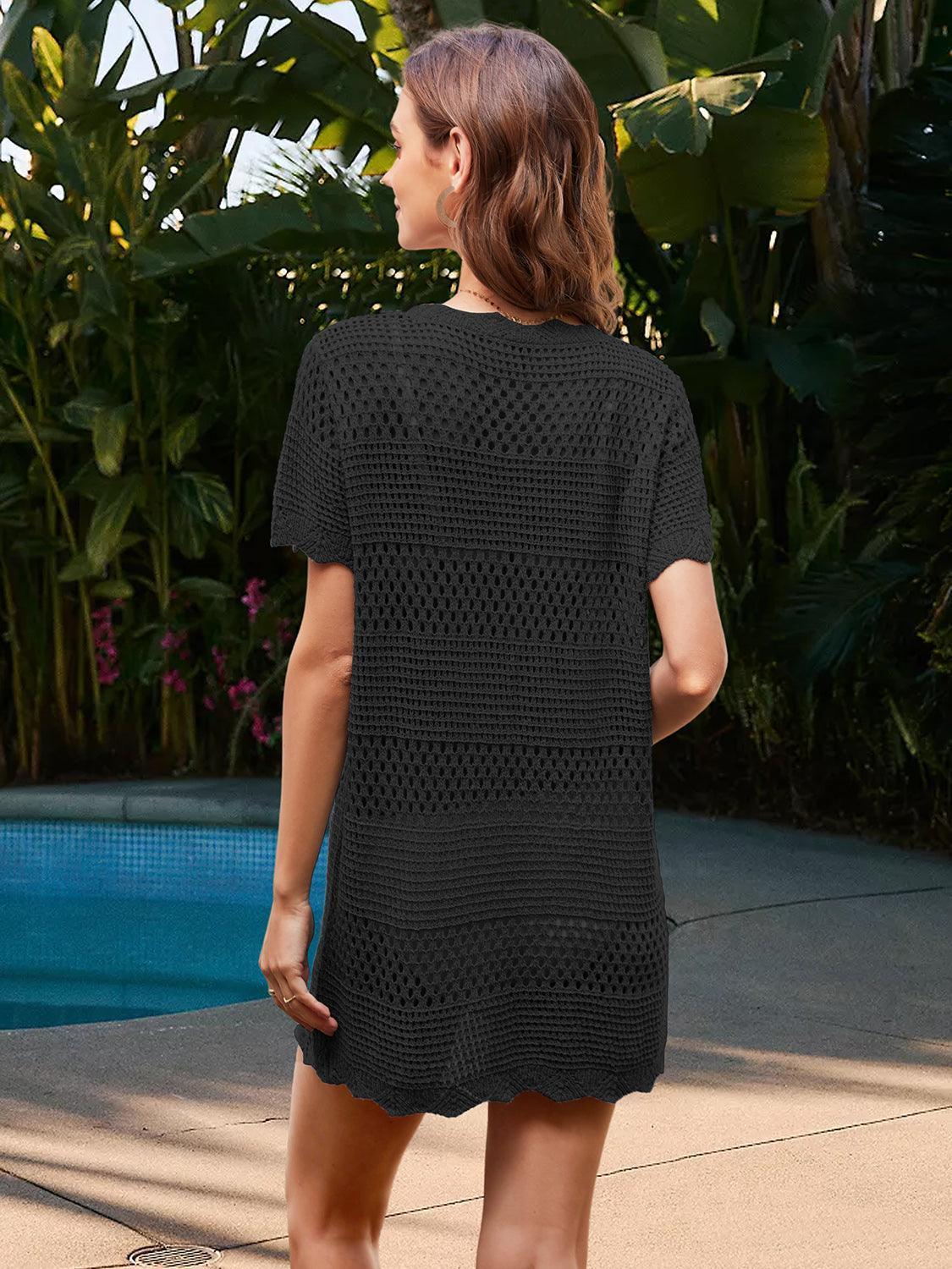 Openwork Round Neck Short Sleeve Cover-UP - ClubOn
