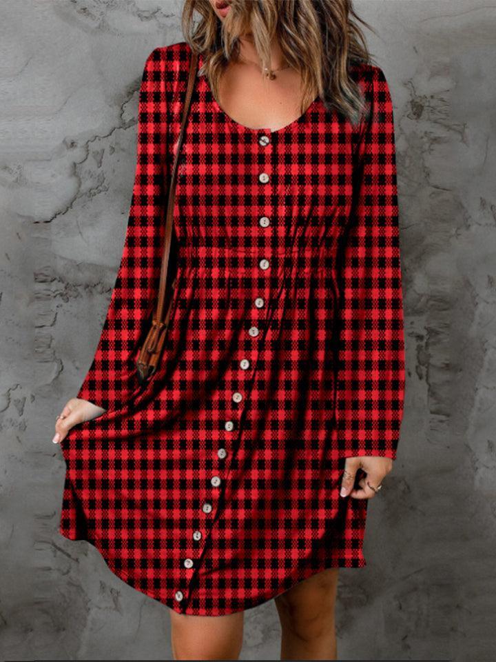 Double Take Full Size Plaid Round Neck Long Sleeve Magic Dress - ClubOn