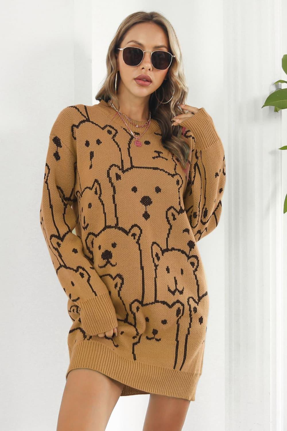 Bear Pattern Round Neck Sweater Dress - ClubOn