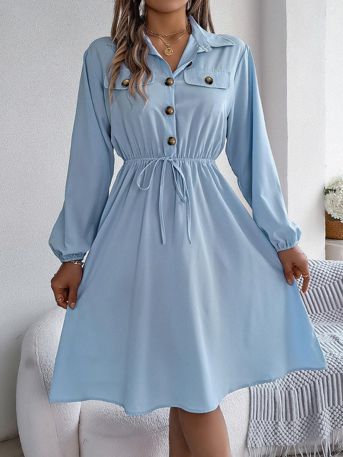 Collared Neck Long Sleeve Dress with Pockets - ClubOn
