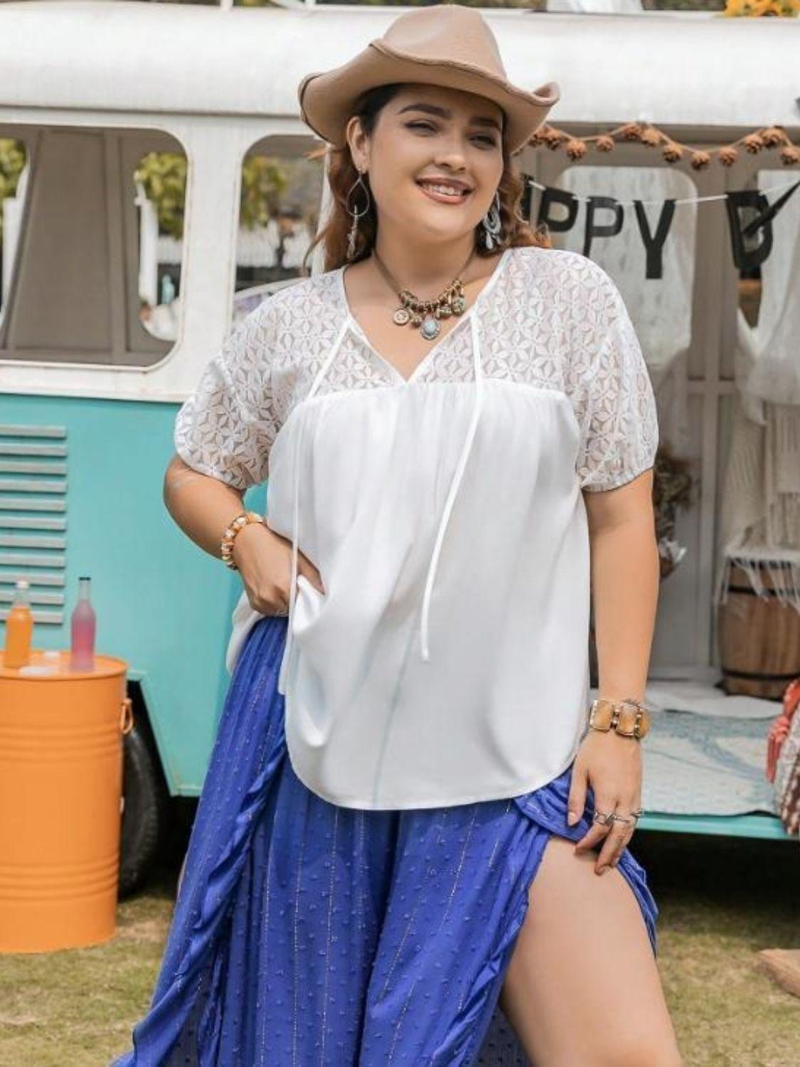 Plus Size Tie Neck Short Sleeve Blouse - ClubOn