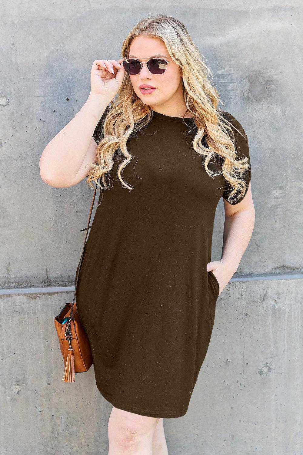 Basic Bae Full Size Round Neck Short Sleeve Dress with Pockets - ClubOn