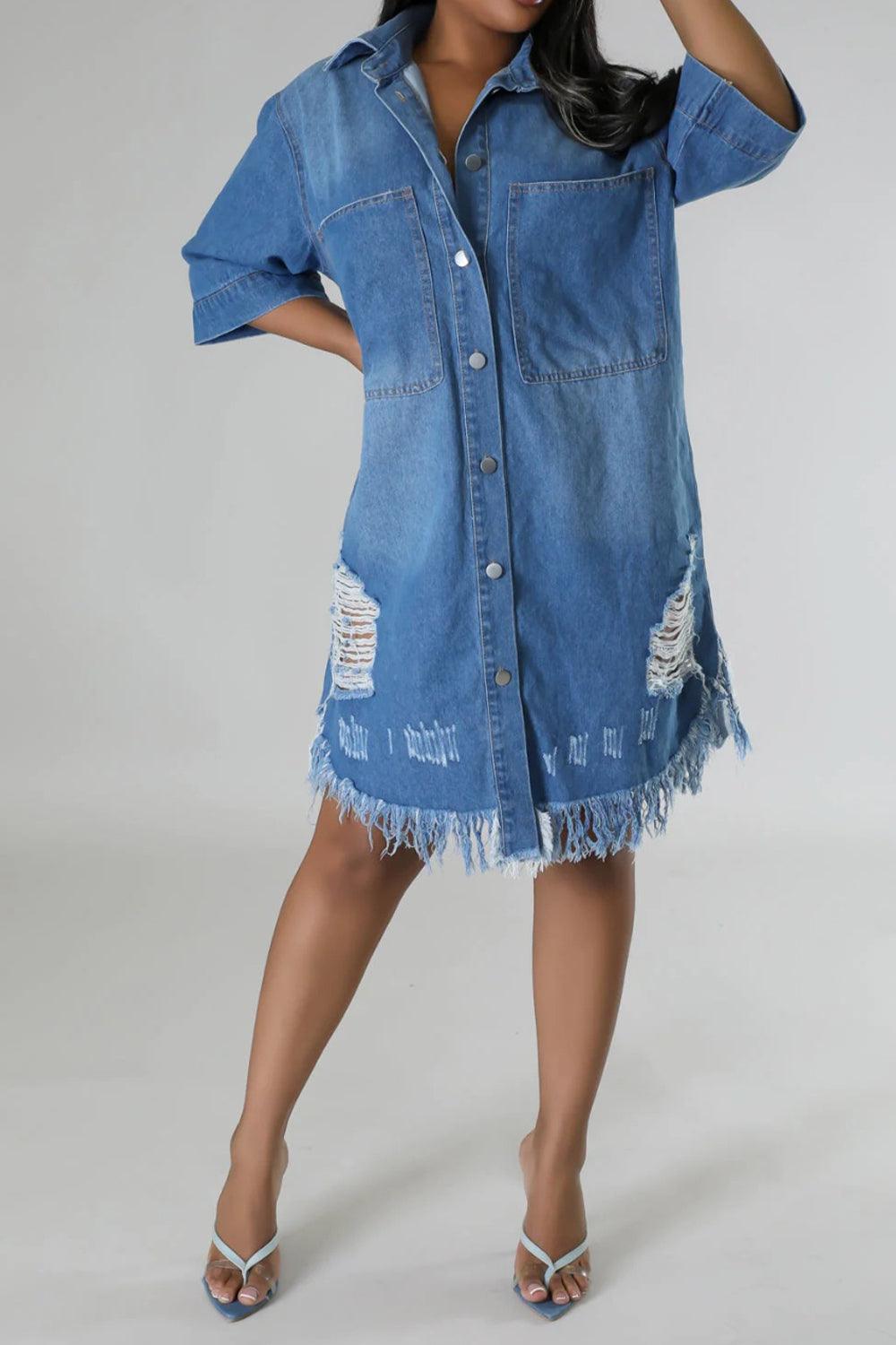 Distressed Raw Hem Button Up Denim Dress - ClubOn
