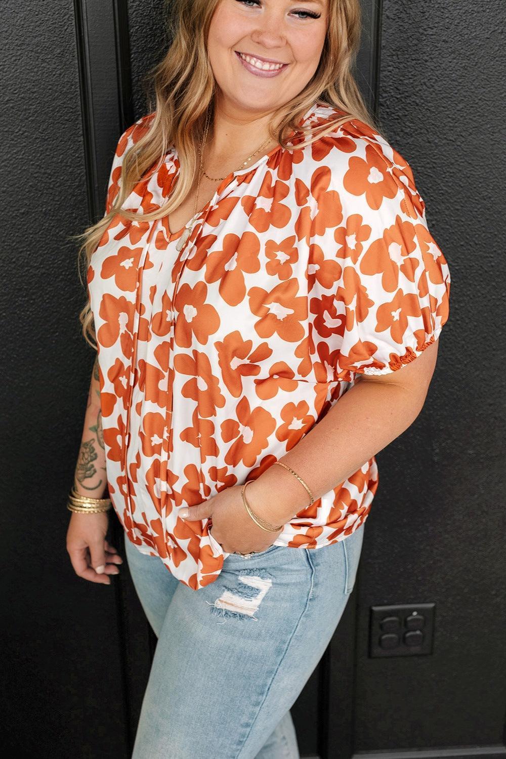 Plus Size Printed Tie Neck Short Sleeve Blouse - ClubOn