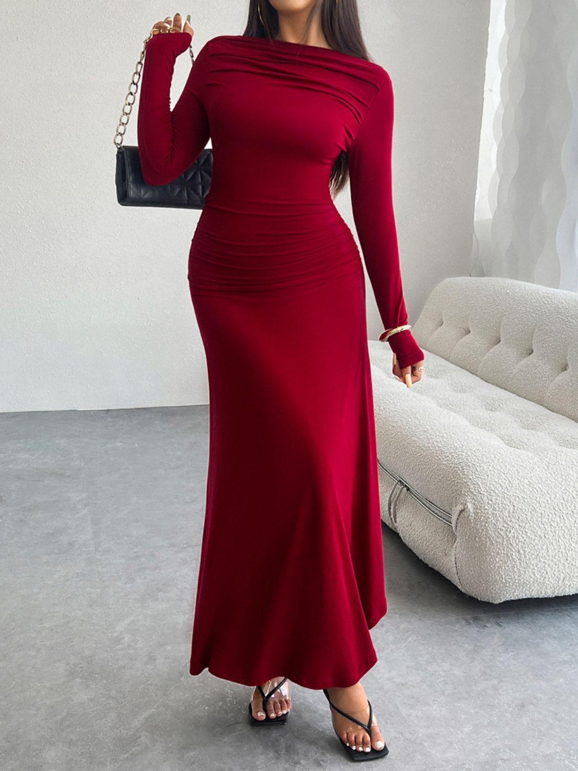 Devine Ruched Long Sleeve Maxi Dress - ClubOn