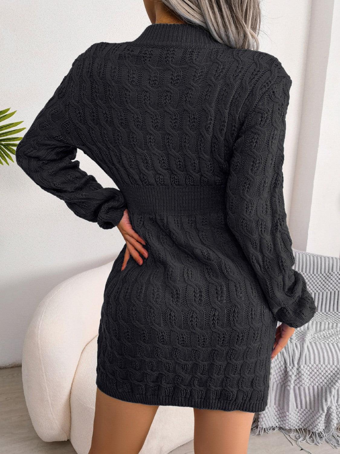Cable-Knit Round Neck Mini Wrap Sweater Dress - ClubOn