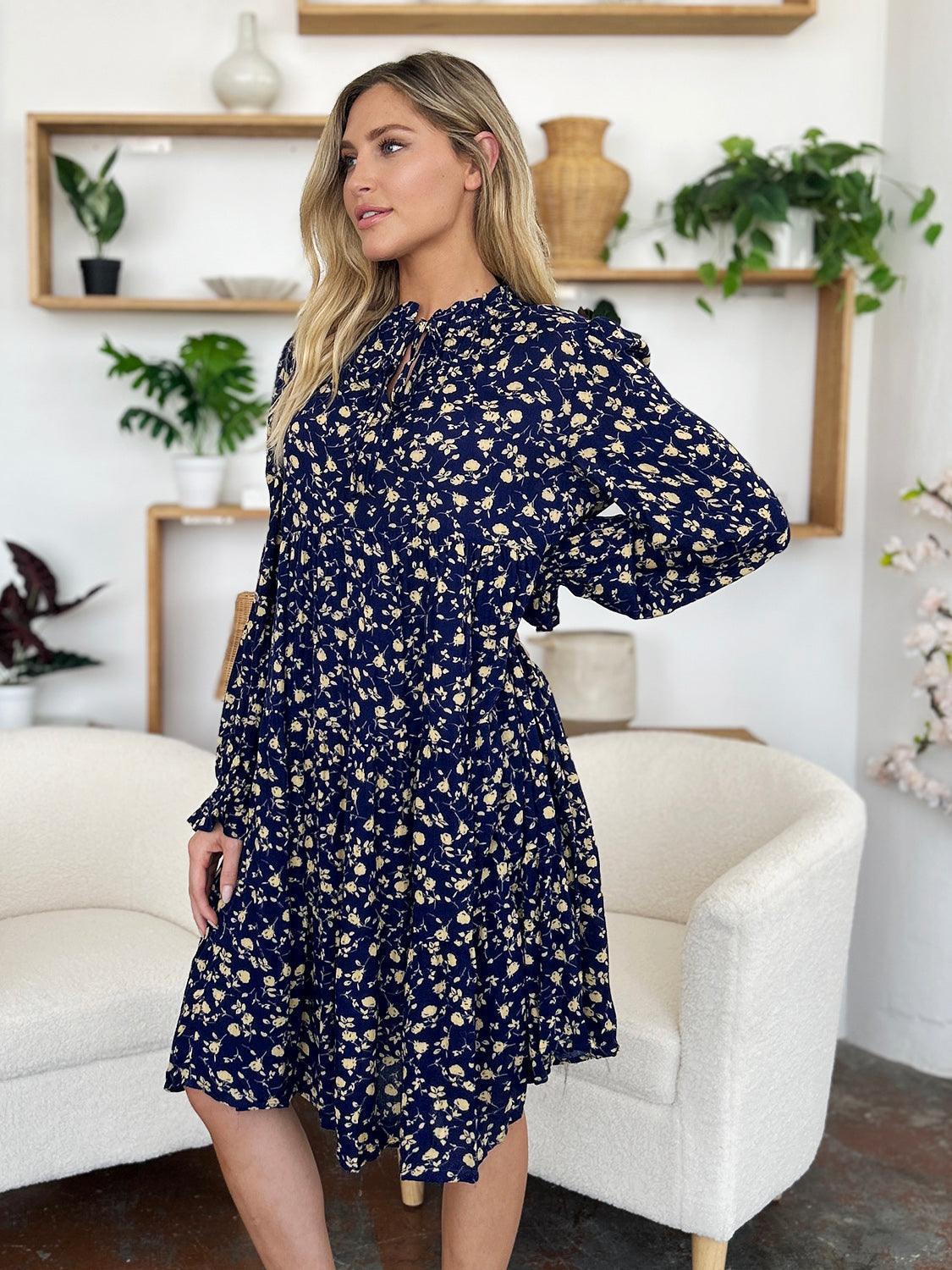 Double Take Full Size Printed Ruffle Hem Long Sleeve Tiered Dress - ClubOn