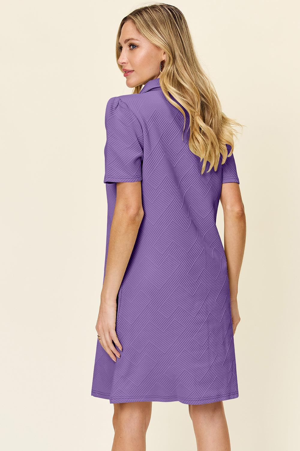 Double Take Full Size Texture Collared Neck Short Sleeve Dress - ClubOn