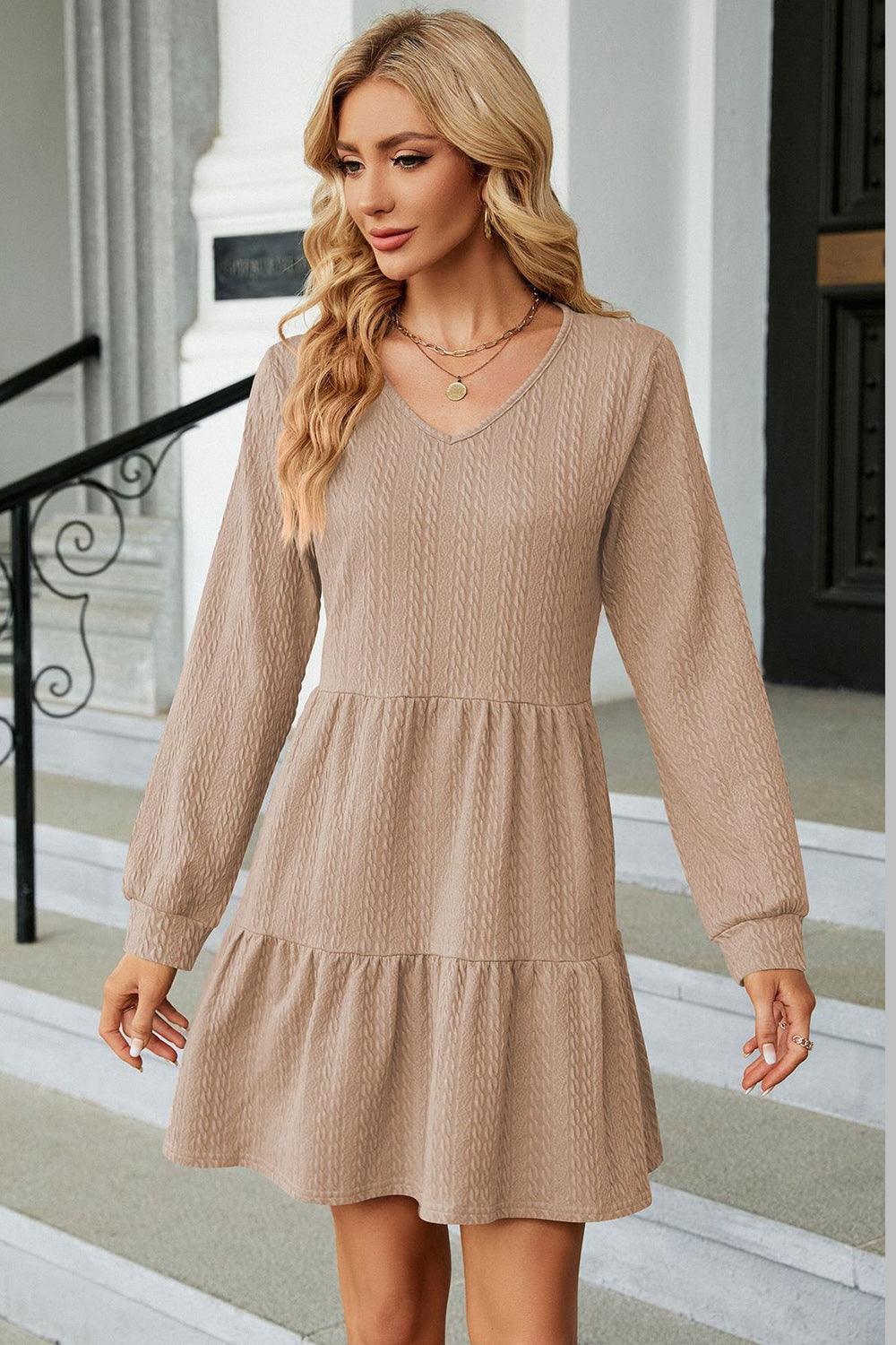 V-Neck Long Sleeve Mini Dress - ClubOn