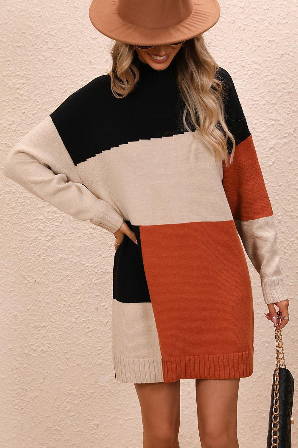 Color Block Mock Neck Dropped Shoulder Sweater Dress - ClubOn