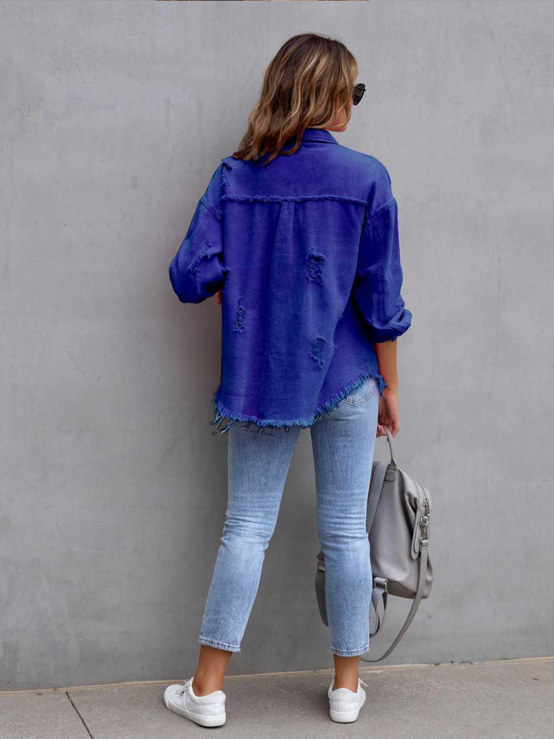 Distressed Drop Shoulder Denim Jacket - ClubOn