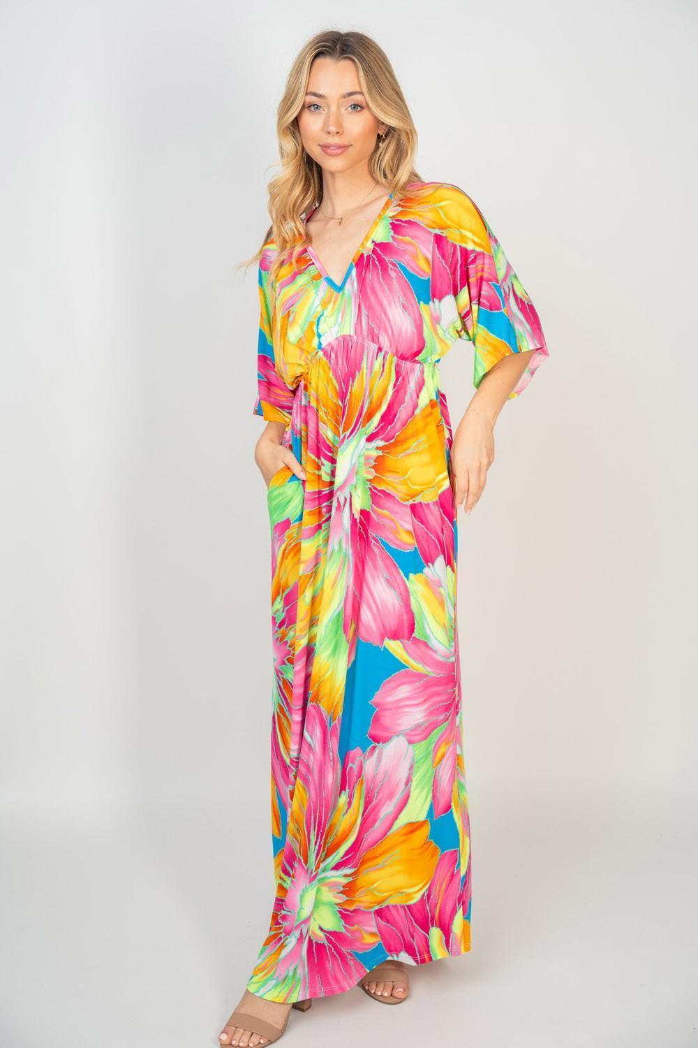White Birch Printed V-Neck Maxi Dress with Pockets - ClubOn