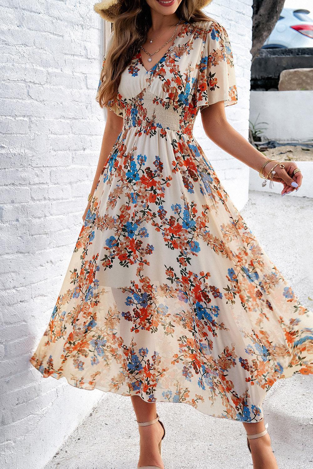 Devine Smocked Floral V-Neck Short Sleeve Dress - ClubOn