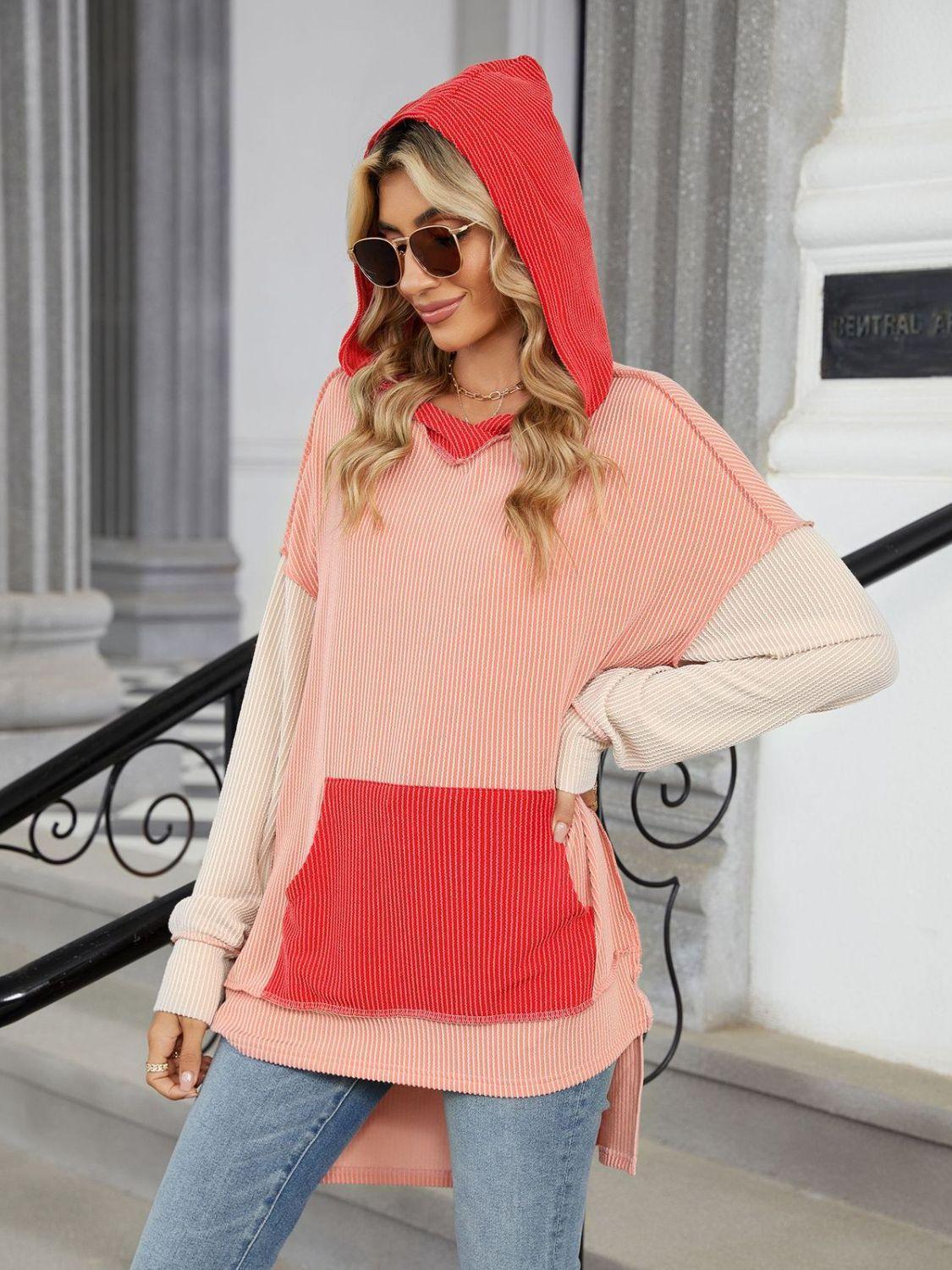 Double Take Contrast Hooded Long Sleeve Top - ClubOn