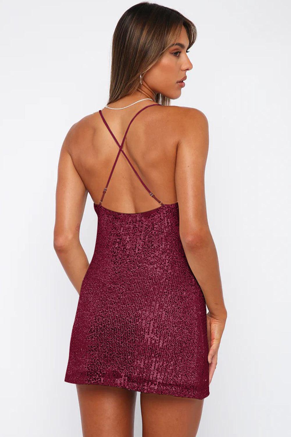 Cowl Neck Contrast Sequin Sleeveless Mini Dress - ClubOn