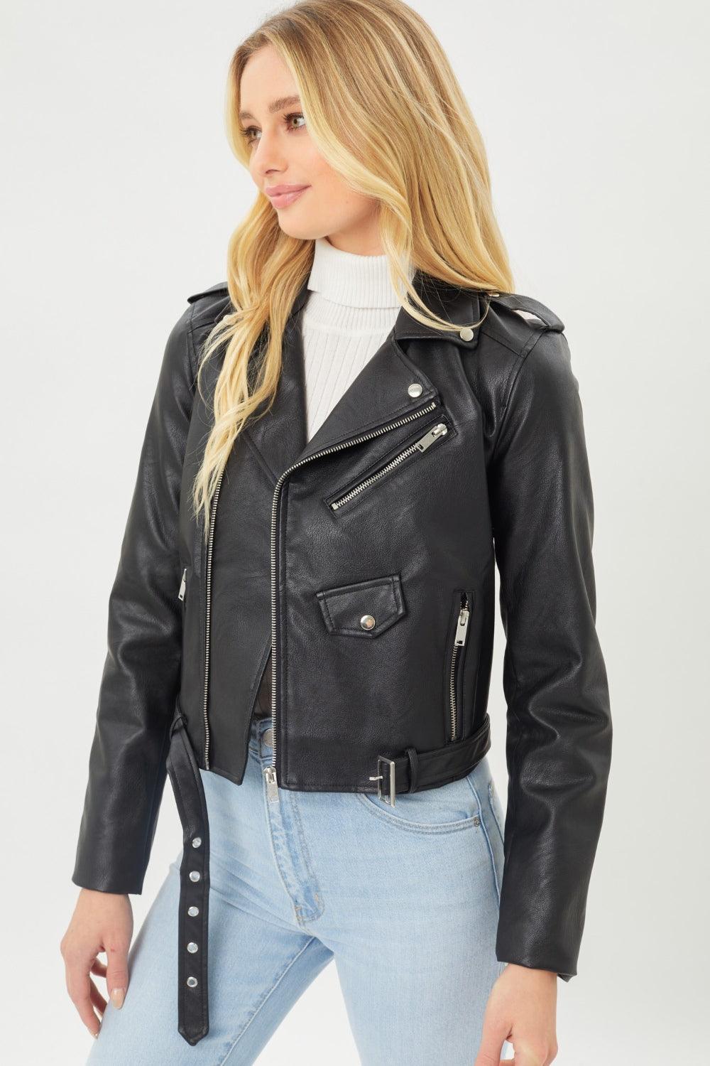 Faith Apparel Faux Leather Zip Up Biker Jacket - ClubOn