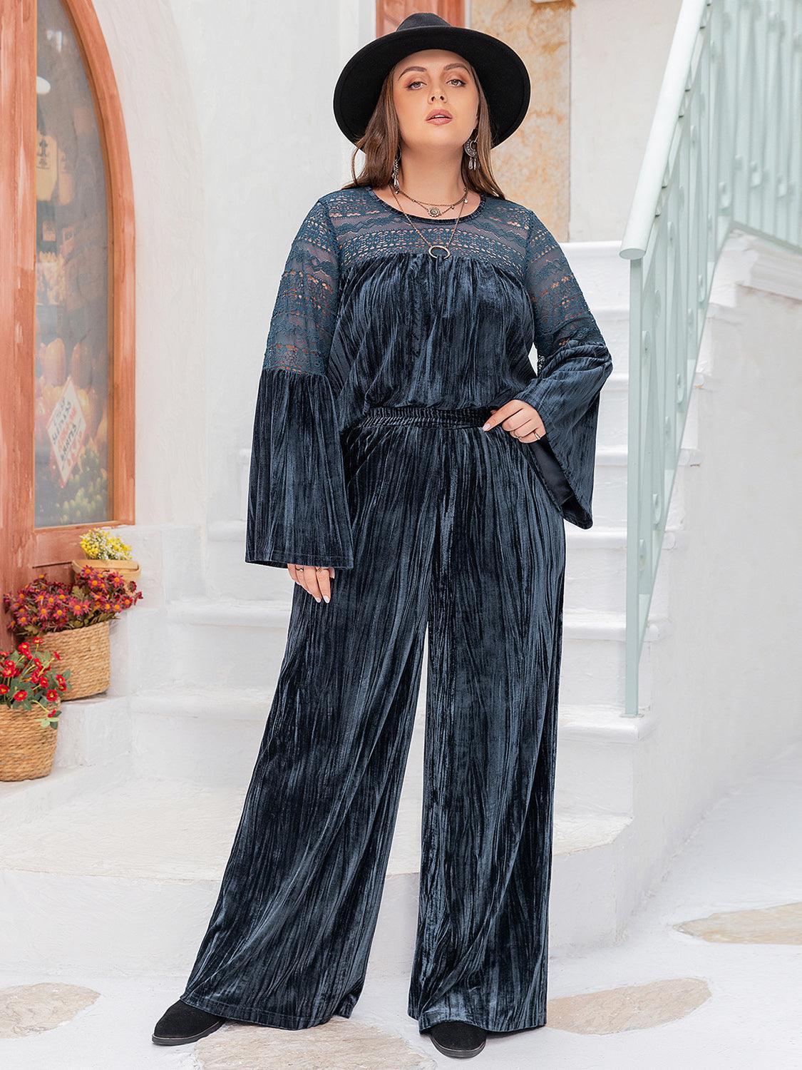 Plus Size Round Neck Flare Sleeve Top and Pants Set - ClubOn