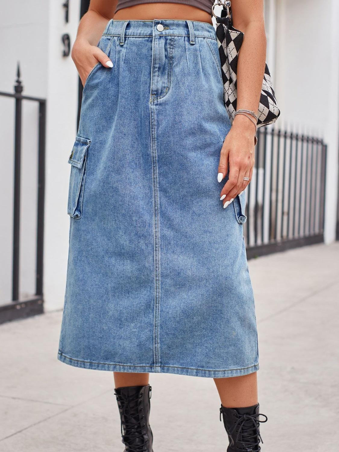 Slit Buttoned Denim Skirt with Pockets - ClubOn