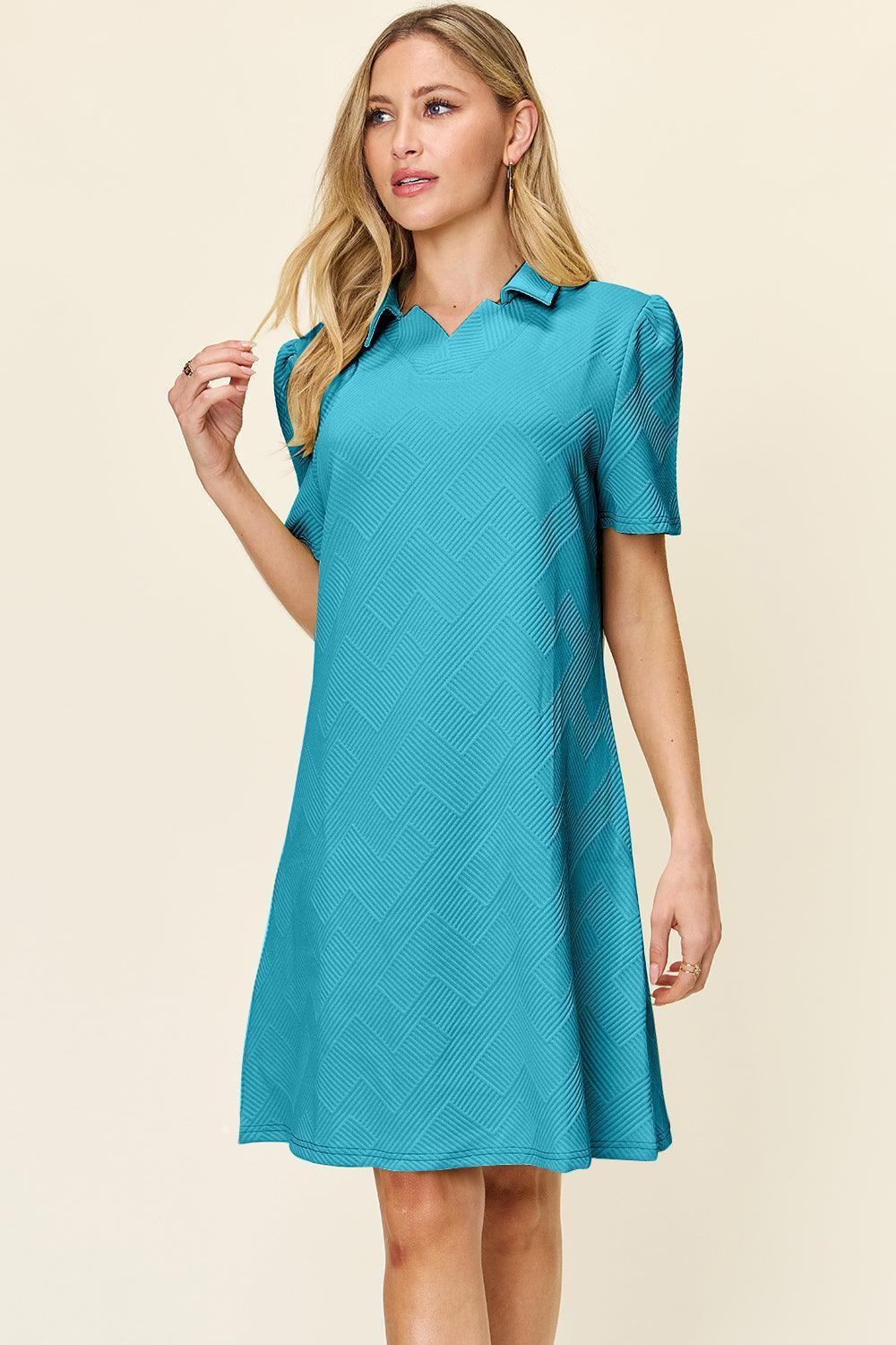 Double Take Full Size Texture Collared Neck Short Sleeve Dress - ClubOn