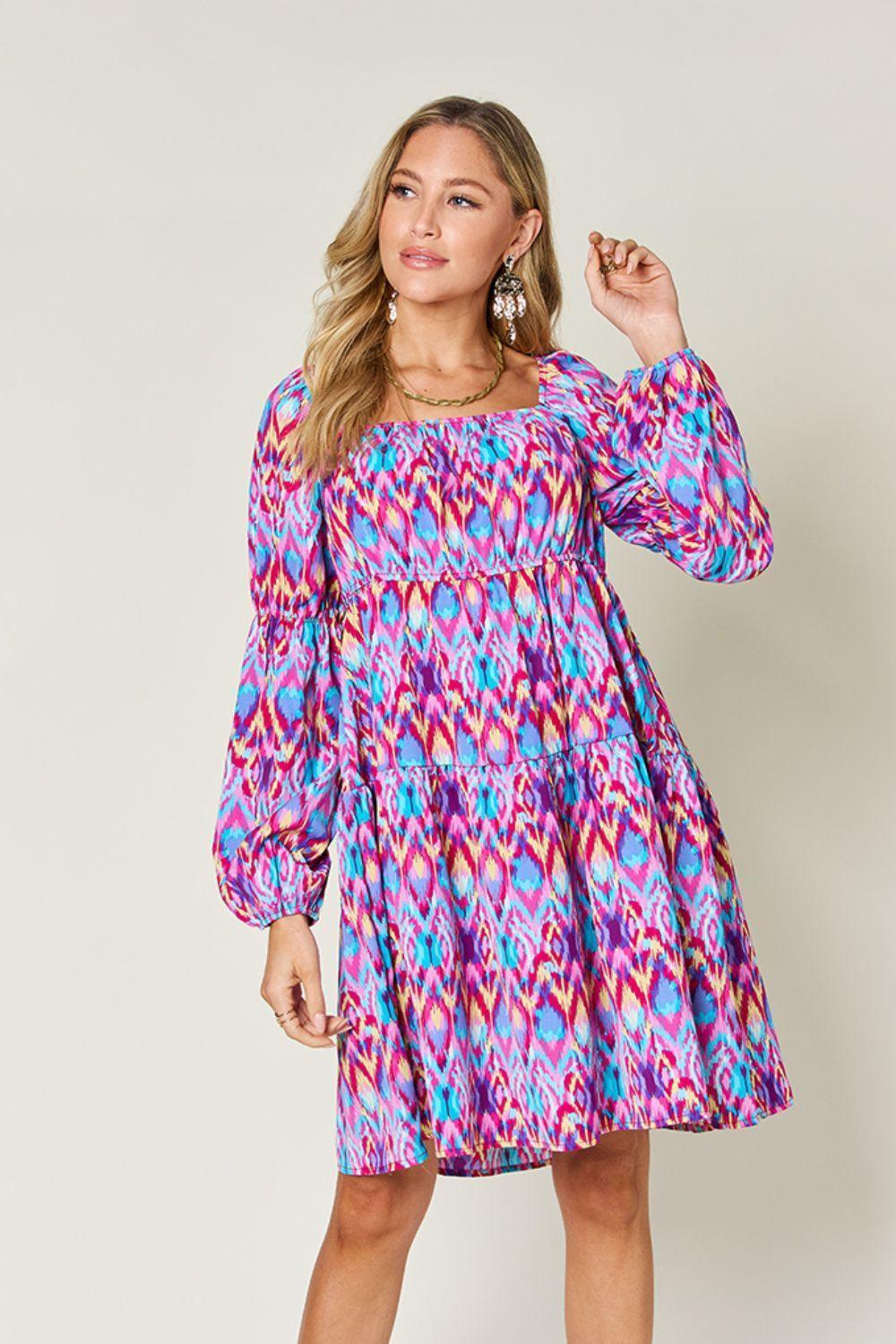 Double Take Full Size Printed Long Sleeve Dress - ClubOn