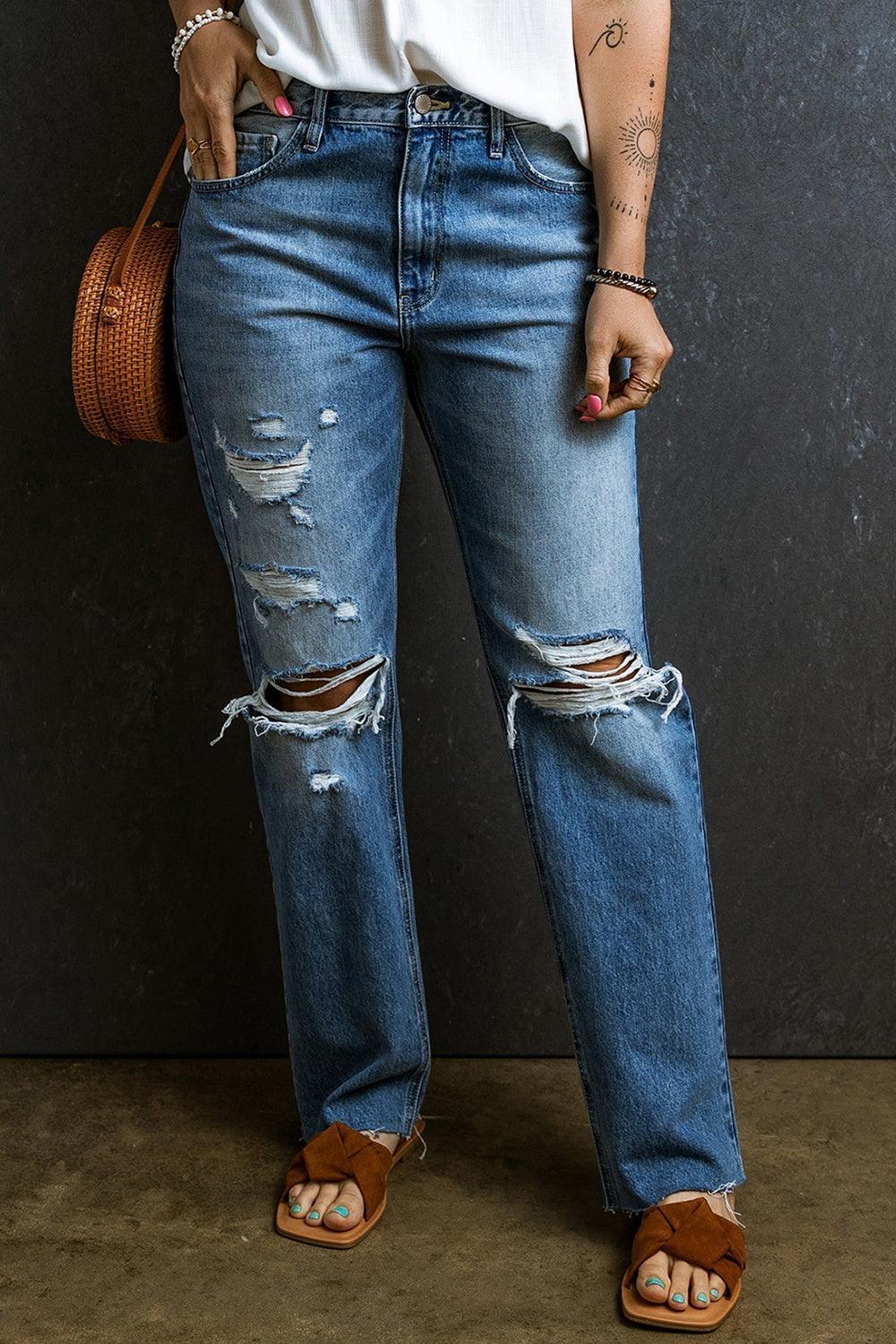 Distressed Raw Hem Jeans with Pockets - ClubOn