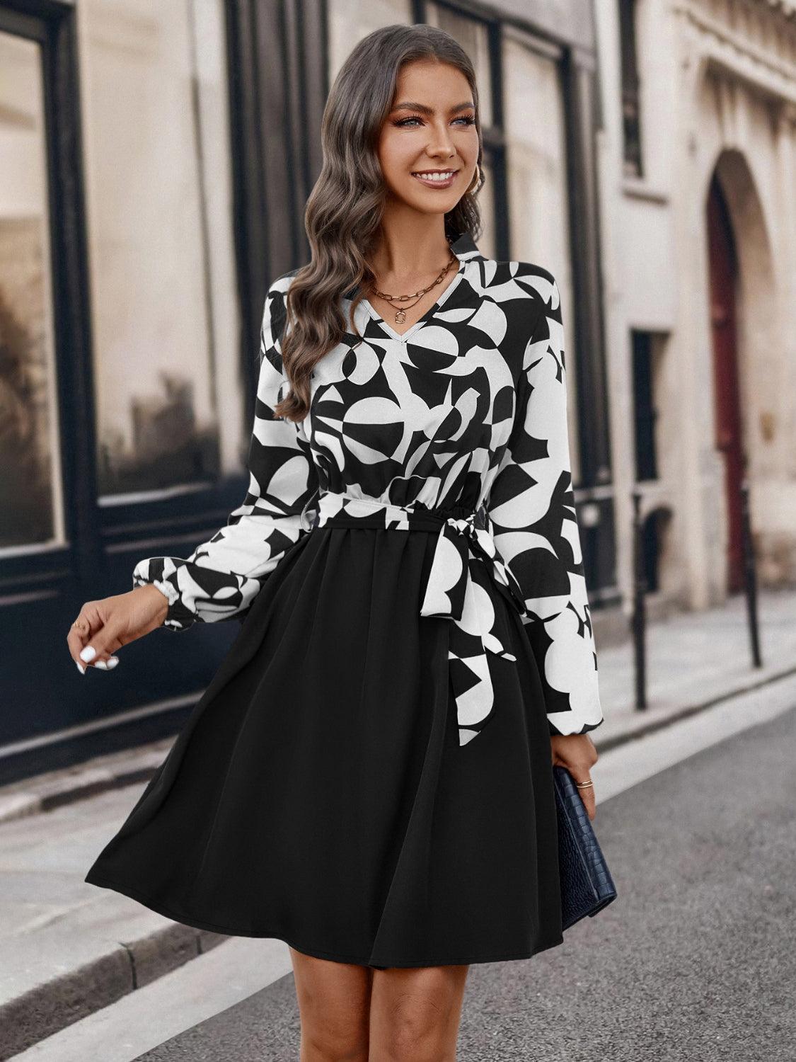 Contrast Notched Tie Front Long Sleeve Dress - ClubOn