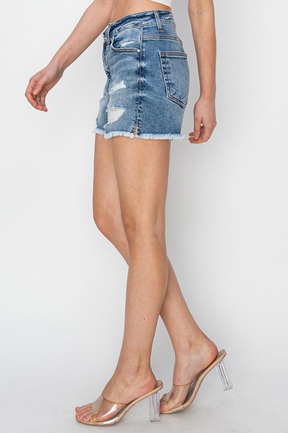 RISEN Stepped Waist Frayed Denim Shorts - ClubOn
