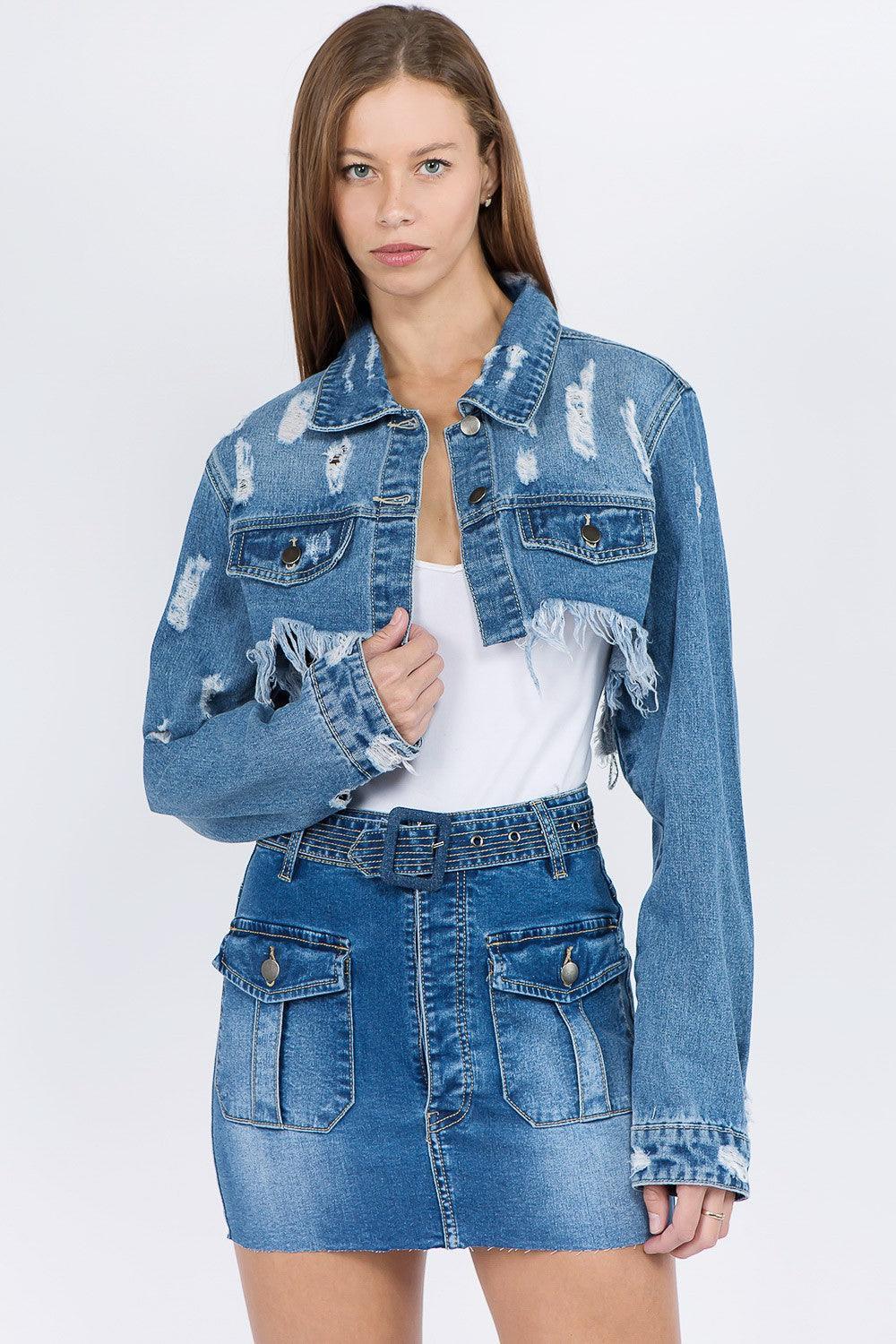 American Bazi Distressed Denim Jacket with Frayed Hem - ClubOn