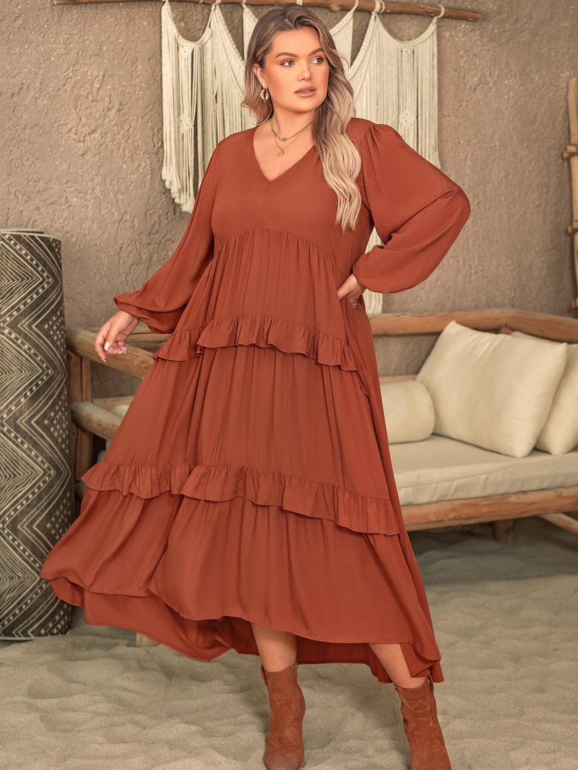 Plus Size Ruffled V-Neck Balloon Sleeve Dress - ClubOn