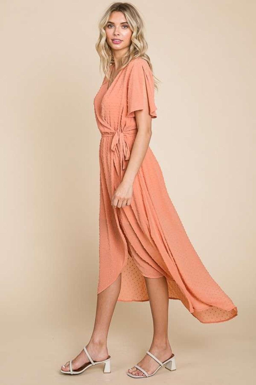 Culture Code Full Size Swiss Dot Tied Slit Short Sleeve Dress - ClubOn