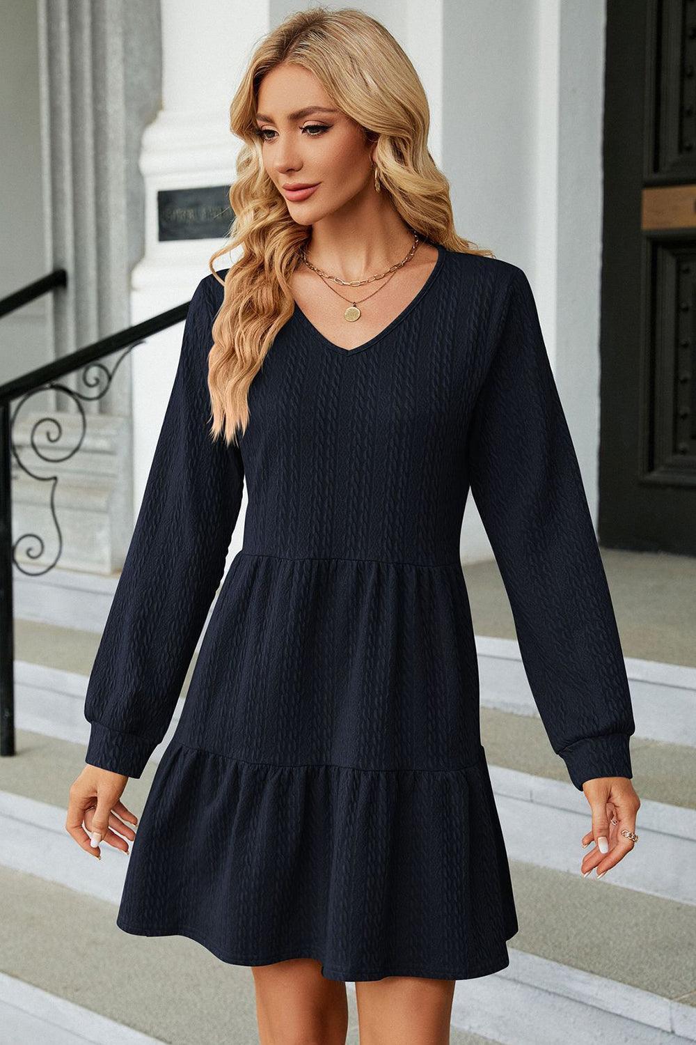 V-Neck Long Sleeve Mini Dress - ClubOn