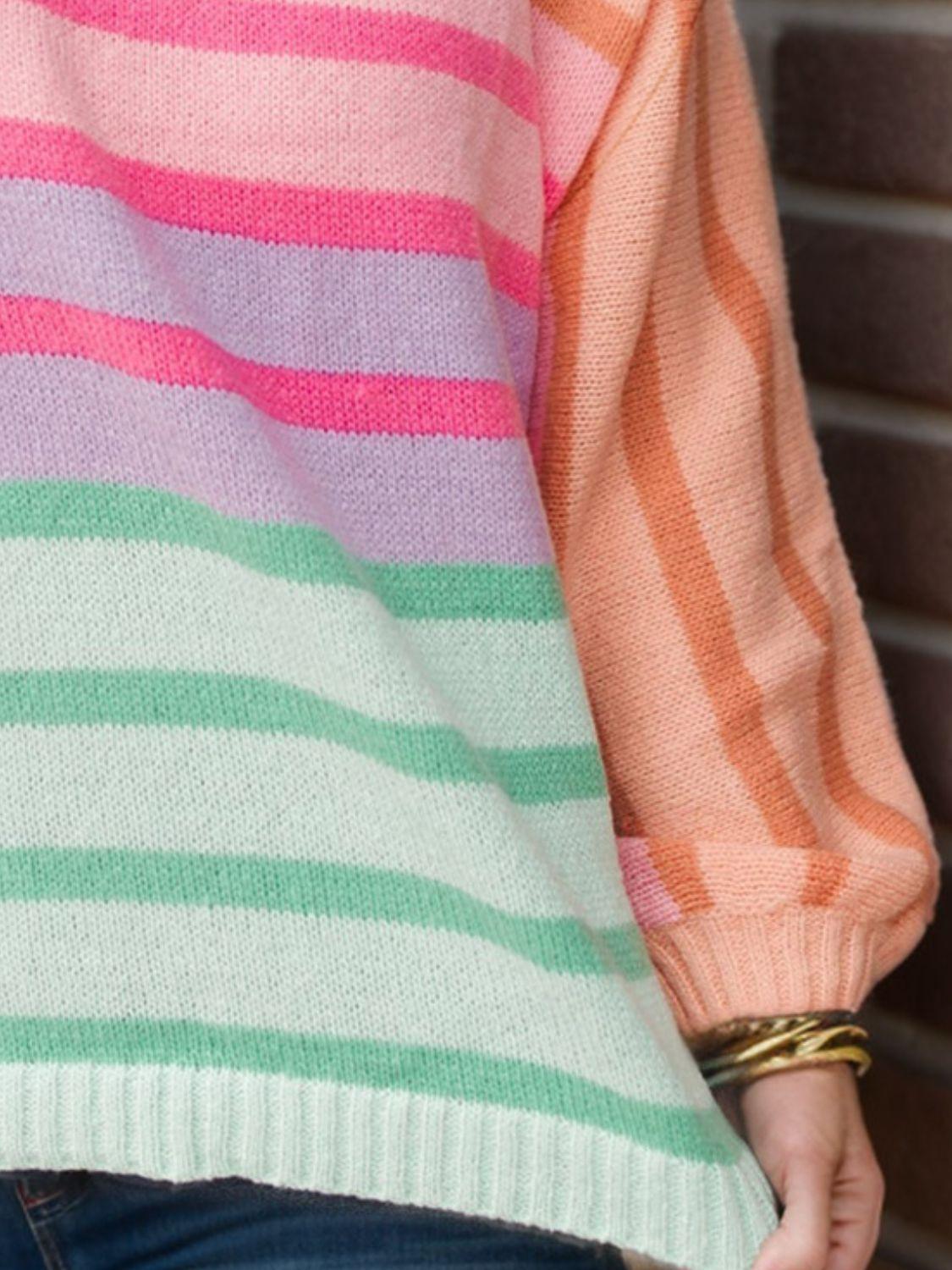 Plus Size Striped Round Neck Long Sleeve Sweater - ClubOn