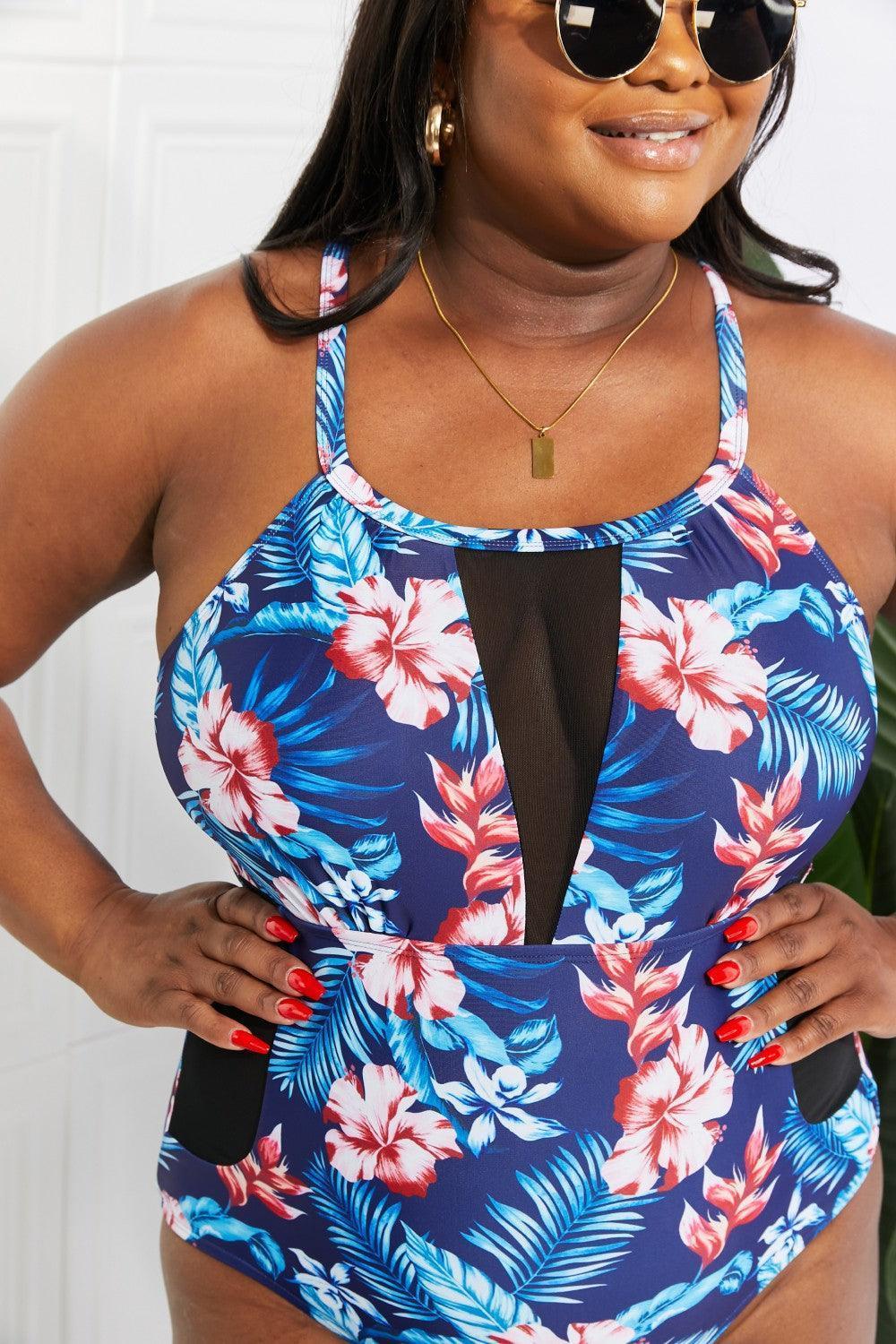 Floral Crisscross Spliced Mesh One-Piece Swimsuit - ClubOn