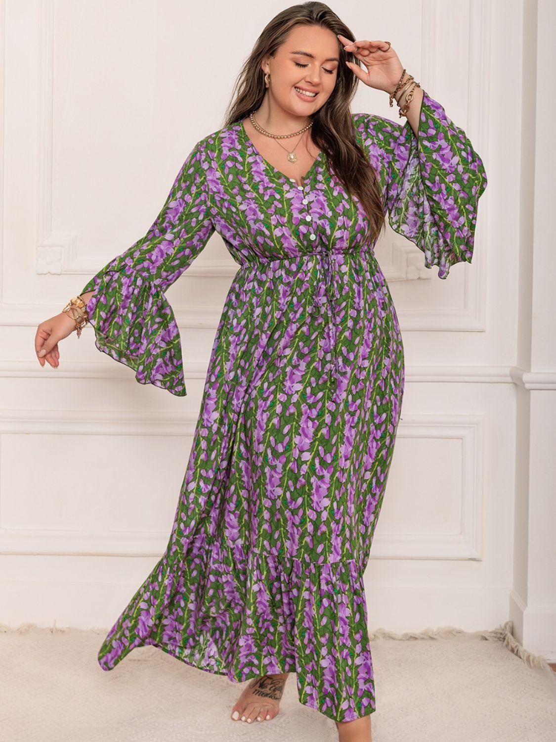 Plus Size Printed V-Neck Long Sleeve Maxi Dress - ClubOn