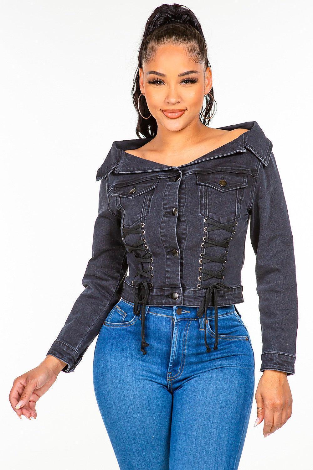 American Bazi Off Shoulder Lace Up Denim Jacket - ClubOn