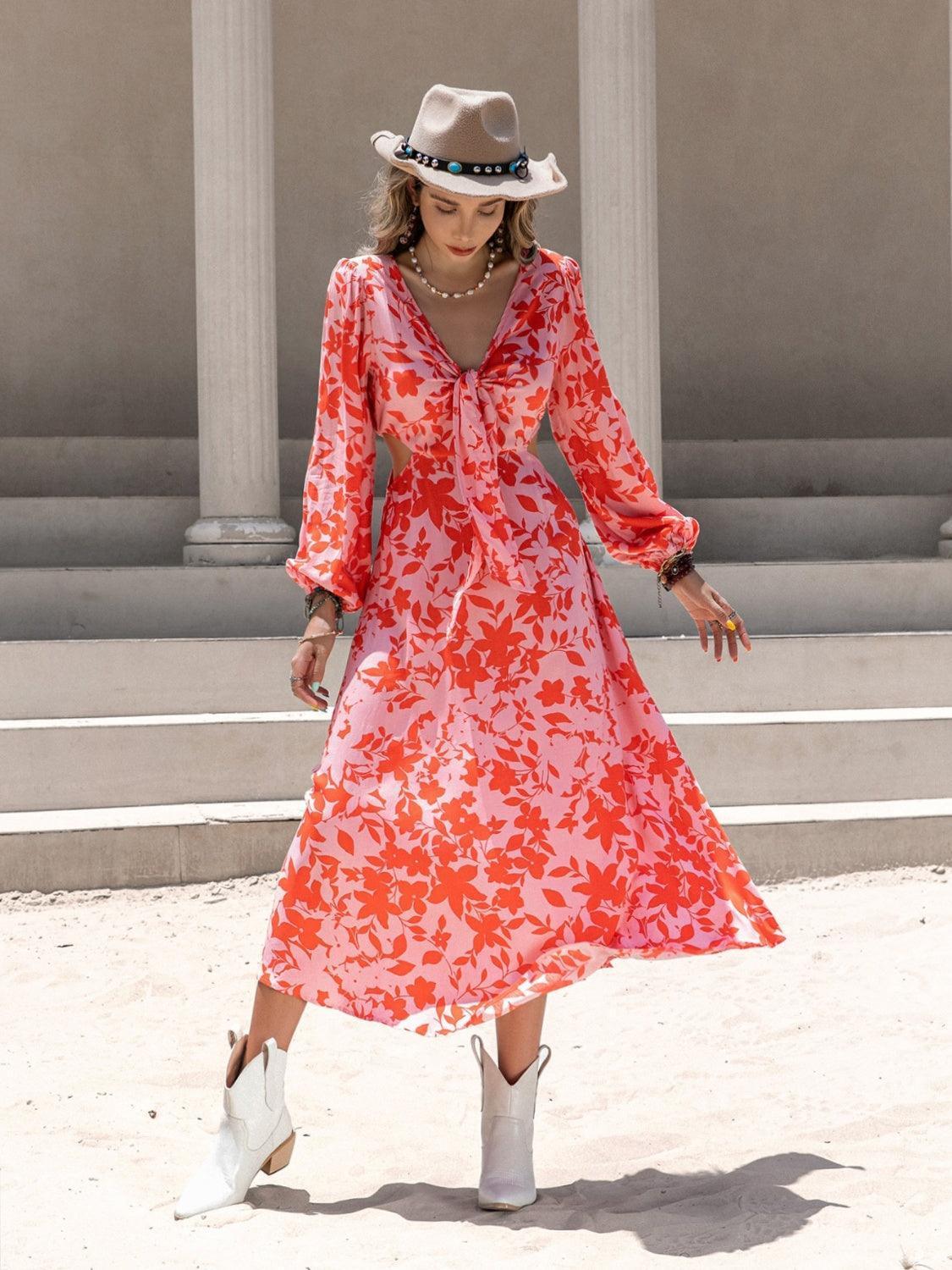 Tied Cutout Printed Long Sleeve Midi Dress - ClubOn