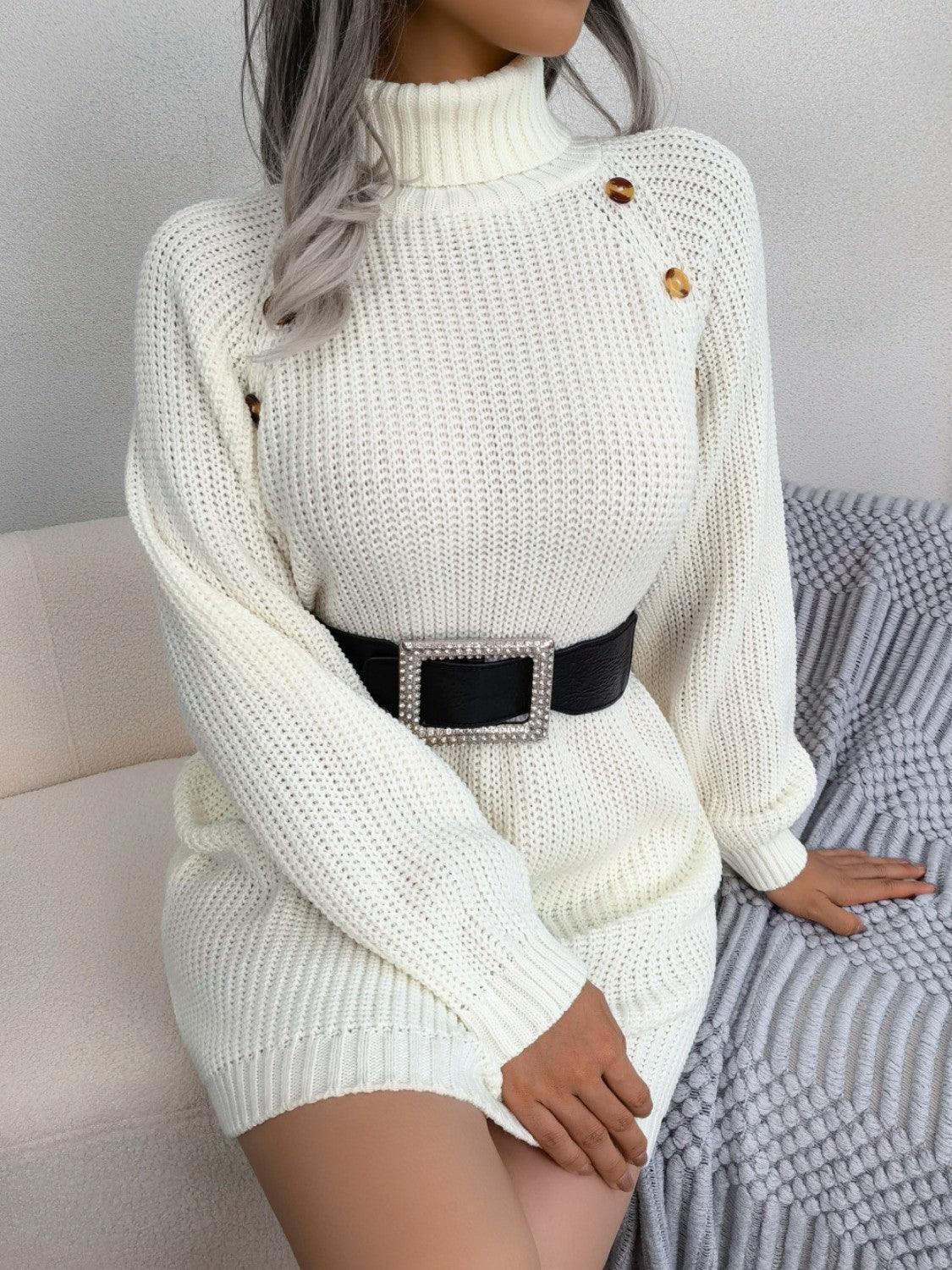 Decorative Button Turtleneck Sweater Dress - ClubOn