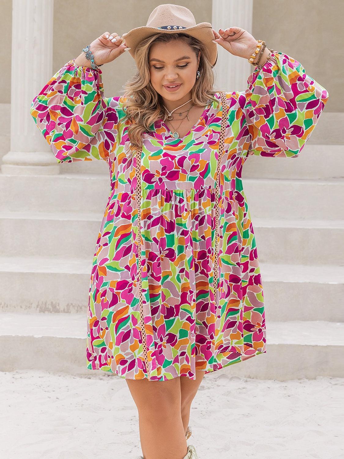 Plus Size Printed V-Neck Balloon Sleeve Mini Dress - ClubOn