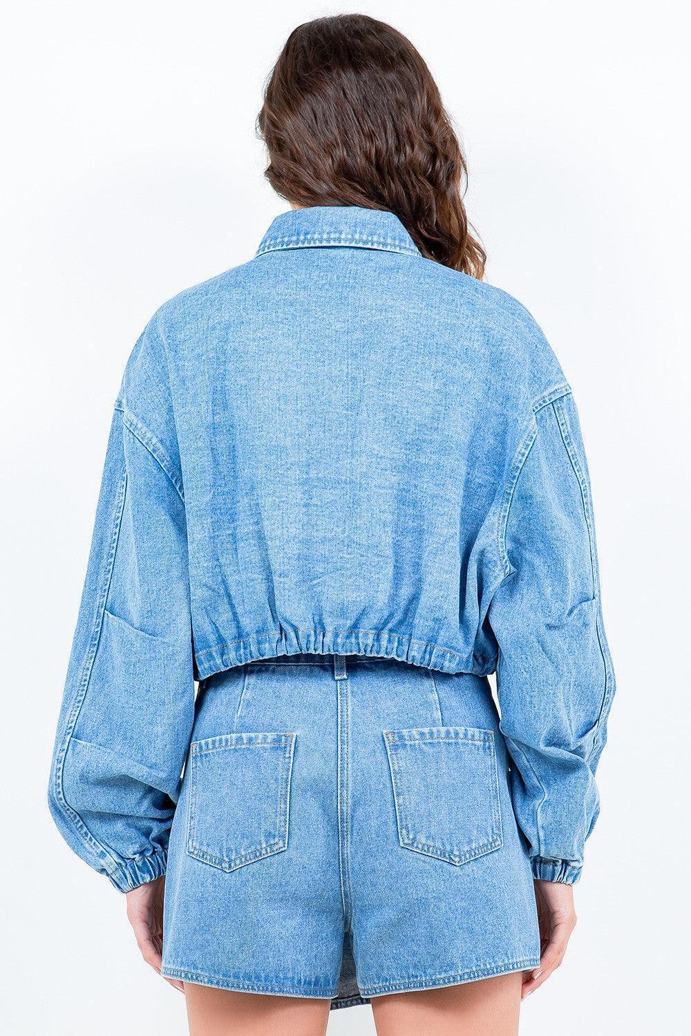 American Bazi Drawstring Waist Crop Denim Jacket - ClubOn