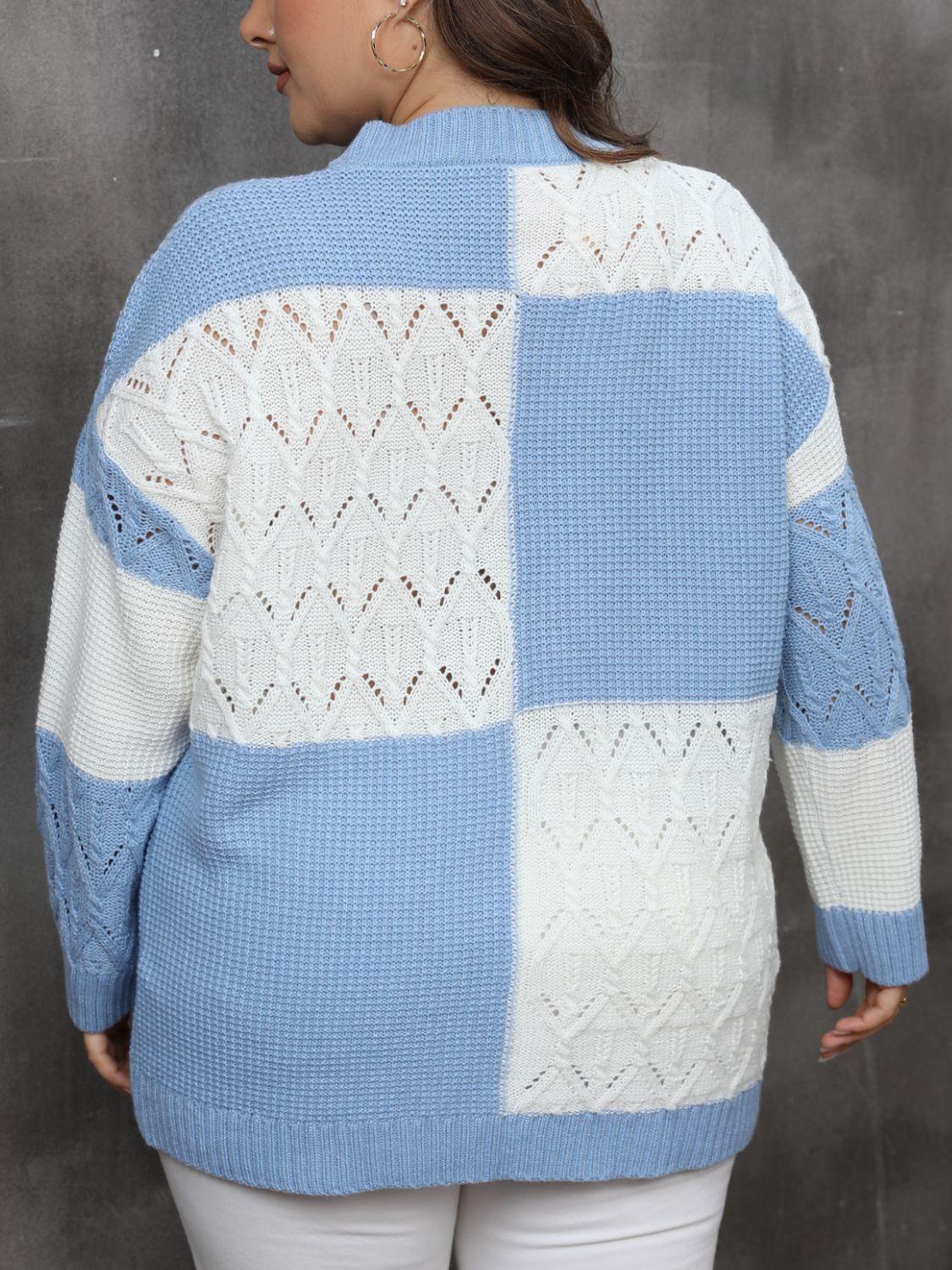 Plus Size Openwork Color Block Long Sleeve Sweater - ClubOn