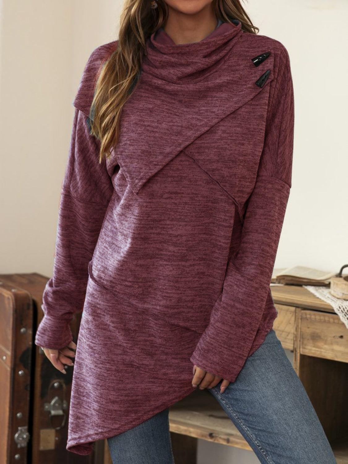 Asymmetrical Hem Cowl Neck Long Sleeve T-Shirt - ClubOn