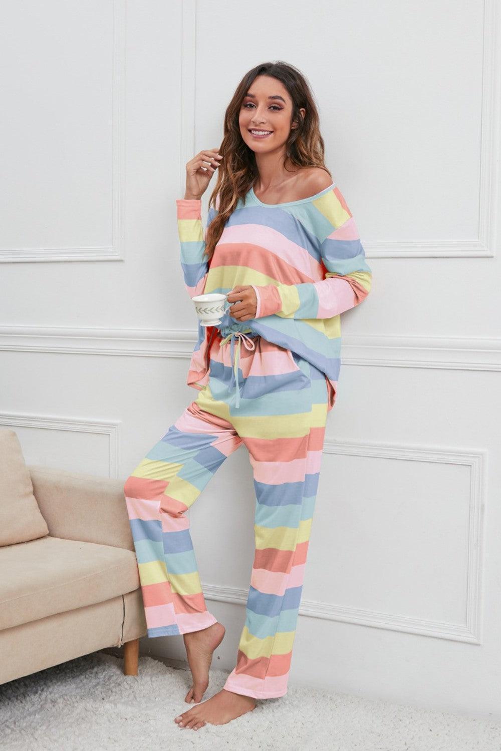 Striped Round Neck Long Sleeve Top and Drawstring Pants Lounge Set - ClubOn